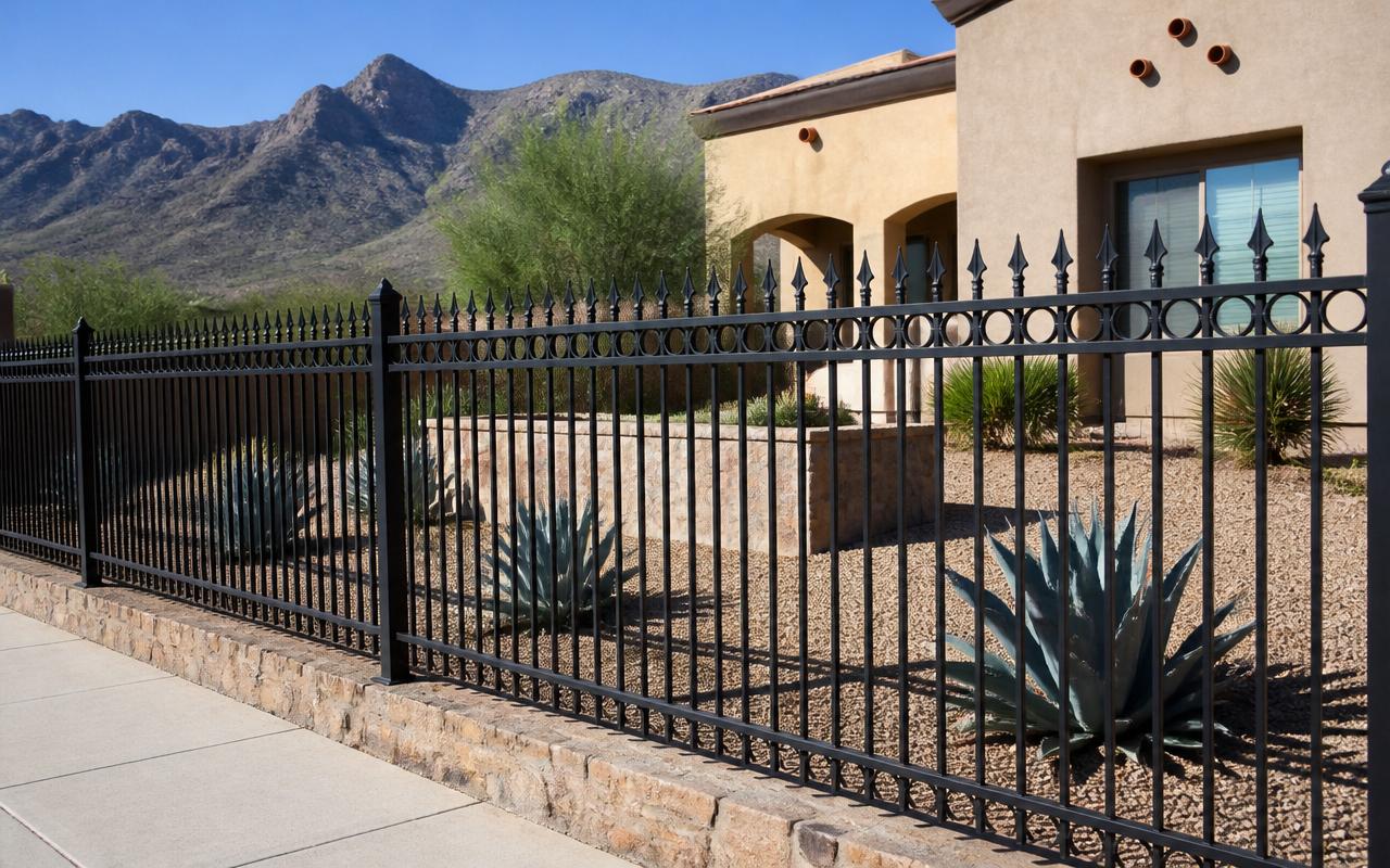 A black powder-coated ornamental metal fence with spear-top steel pickets in front of an El Paso stucco home with the Franklin Mountains behind