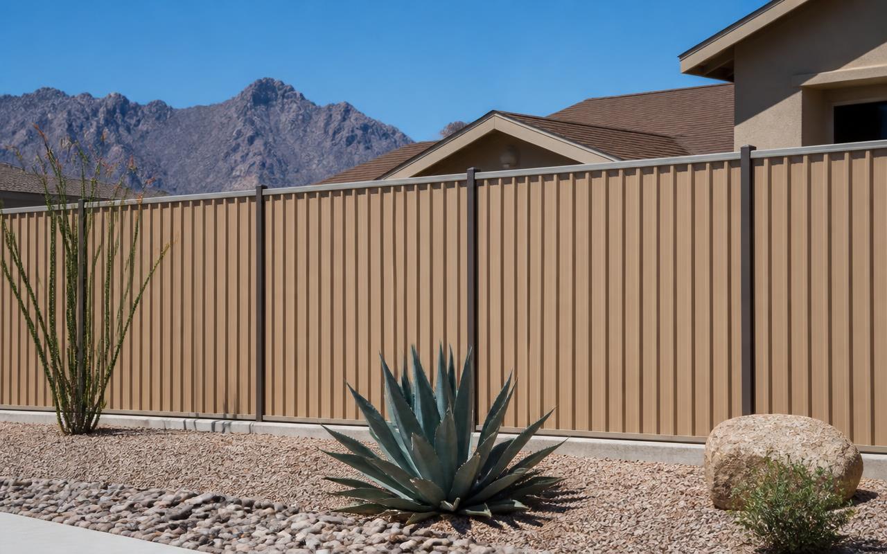 A tall galvanized R-panel sheet metal privacy fence with steel posts along an El Paso property with the Franklin Mountains behind