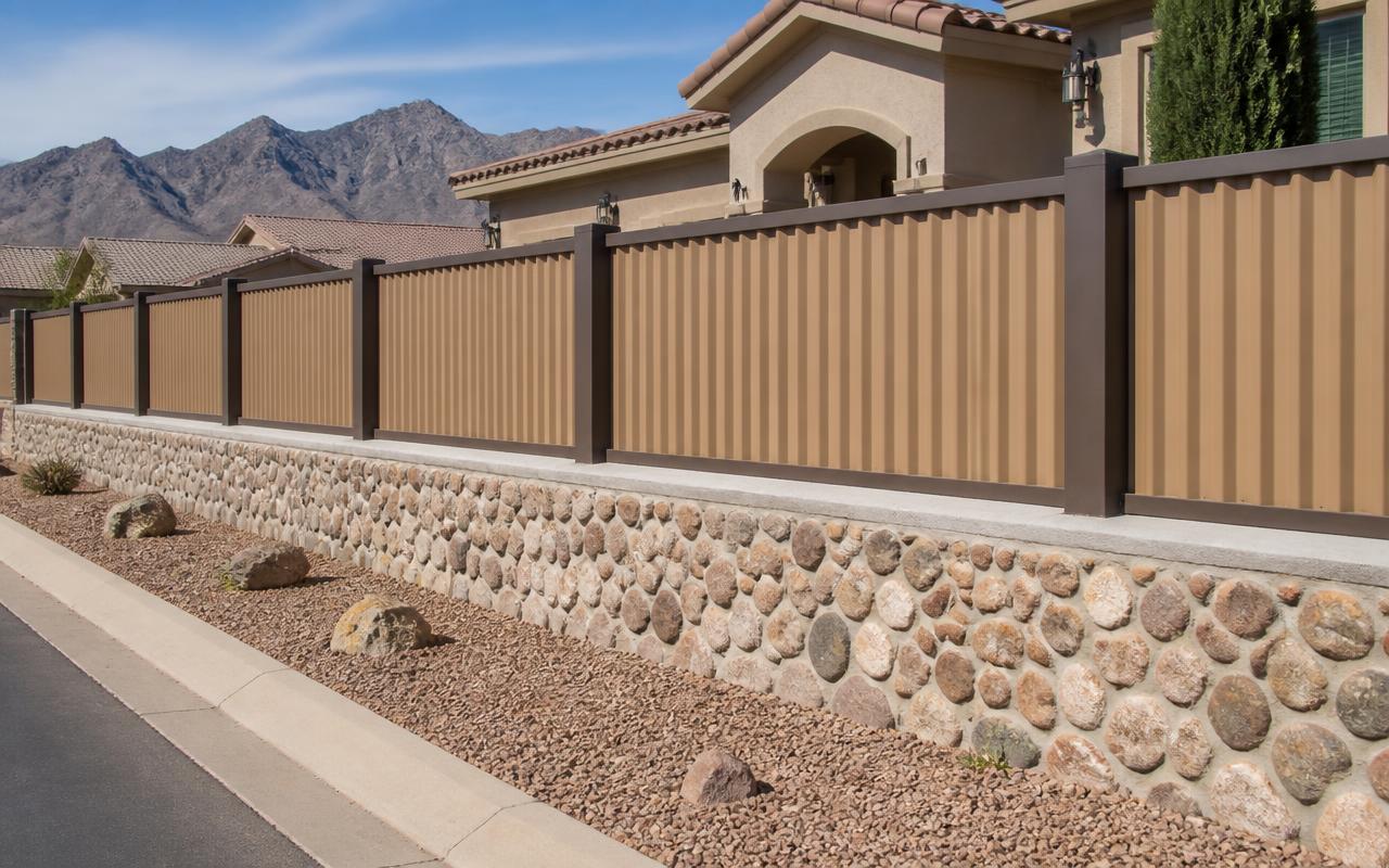 An El Paso property fence with a native stone and cement rock wall base and galvanized R-panel sheet metal panels above