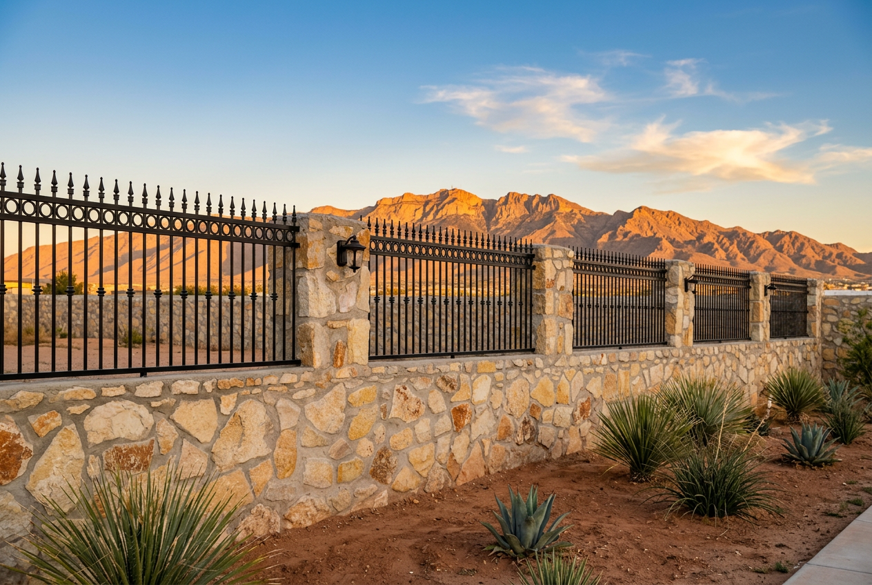 An El Paso property fence with a native stone rock wall base and black powder-coated wrought iron pickets above, Franklin Mountains distant