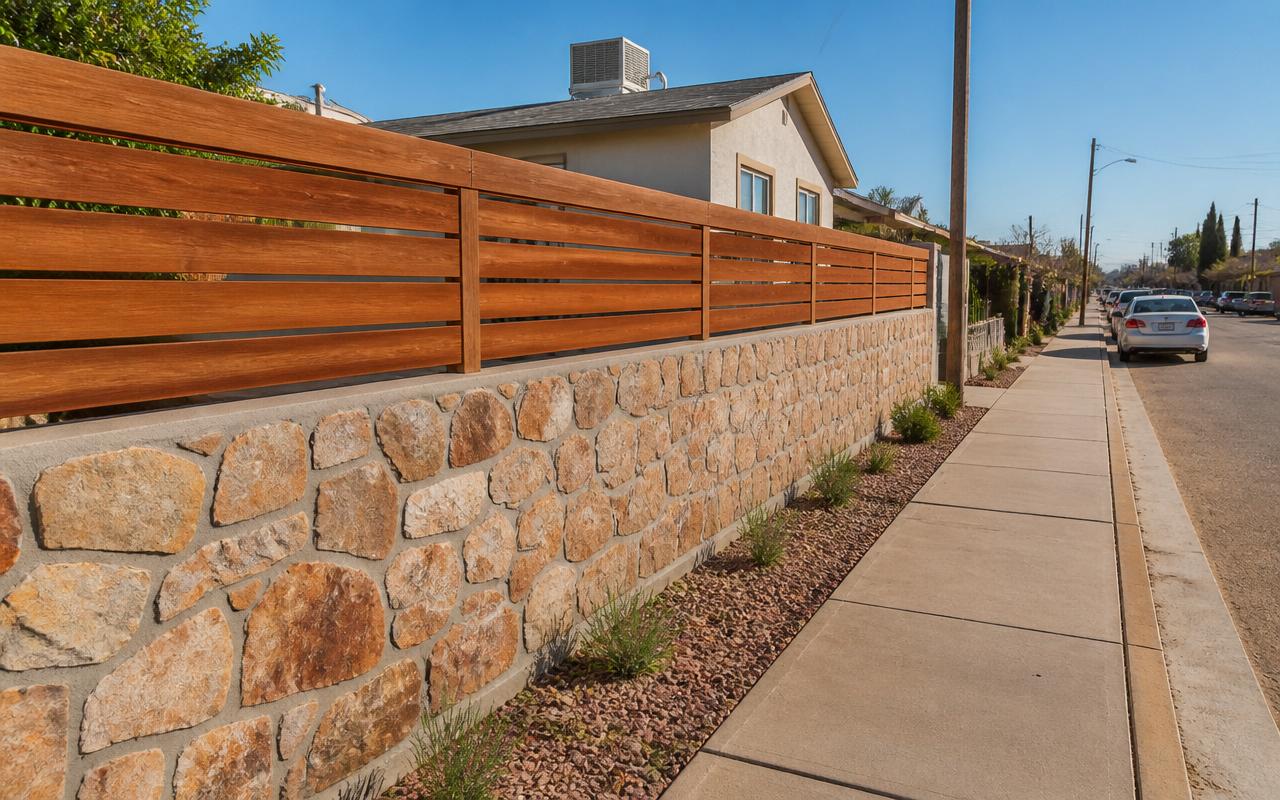 An inner city residential El Paso rock and wood combination fence with horizontal cedar slats above a cement-mortared stone base