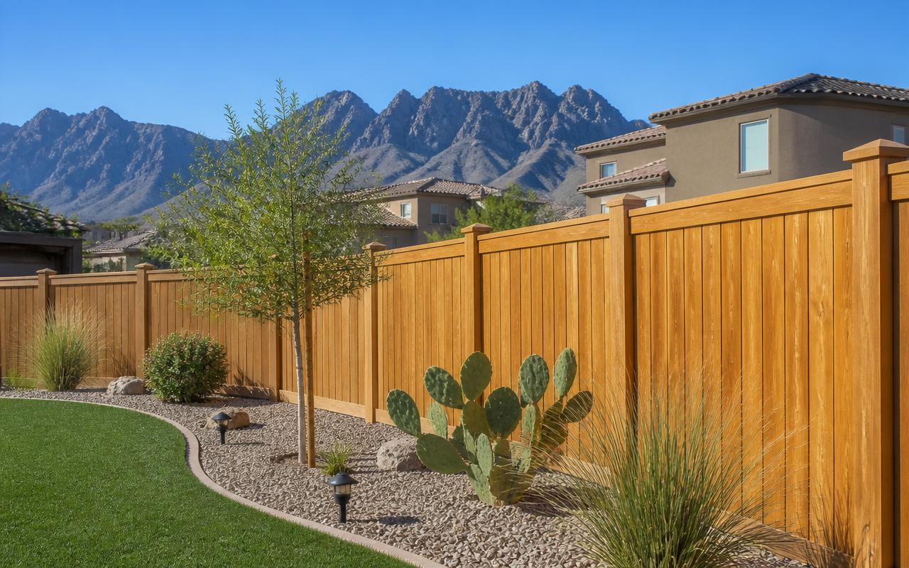 A tall cedar wood privacy fence in an El Paso backyard with desert landscaping and the Franklin Mountains in the distance