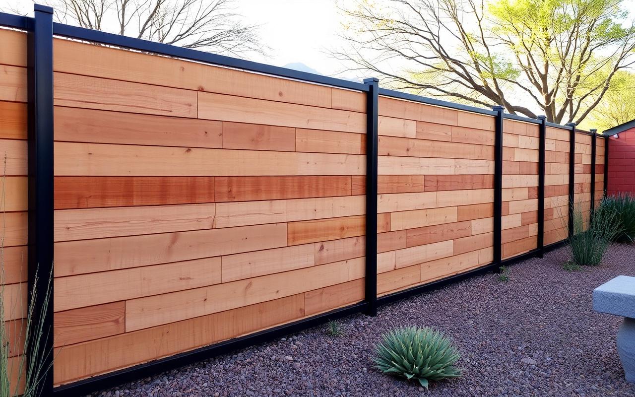A modern horizontal cedar fence framed by black powder-coated steel posts in an El Paso backyard